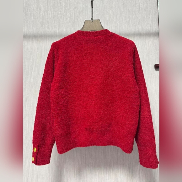 Celine Red Crewneck Stereoscopic Letter Logo Embroidered Knit Cardigan - Picture 2 of 9